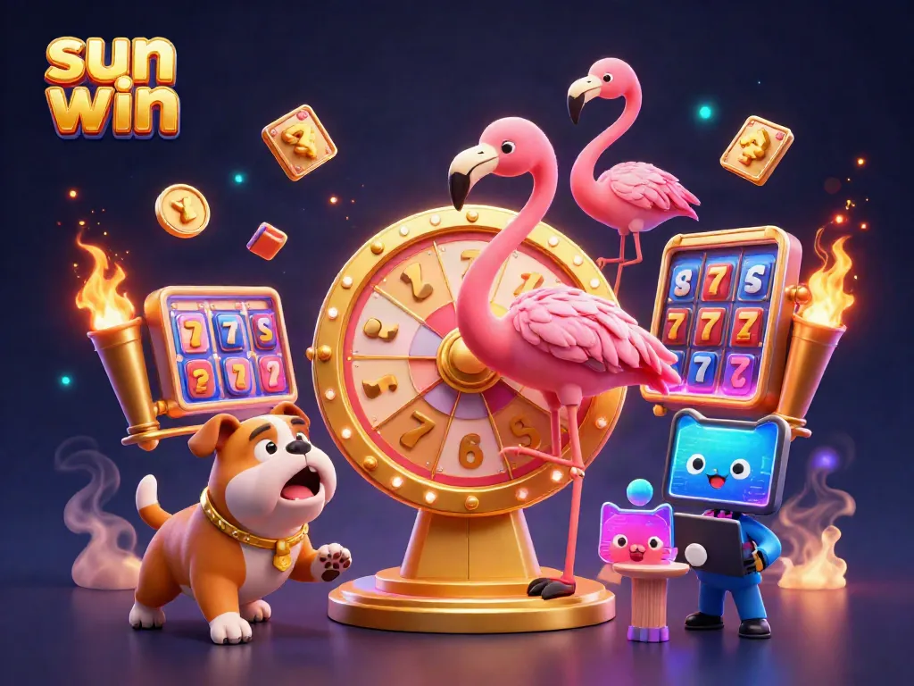 Join the excitement at sun win with a cartoon game show host, bulldog contestant, and prizes galore in this vibrant casino scene.
