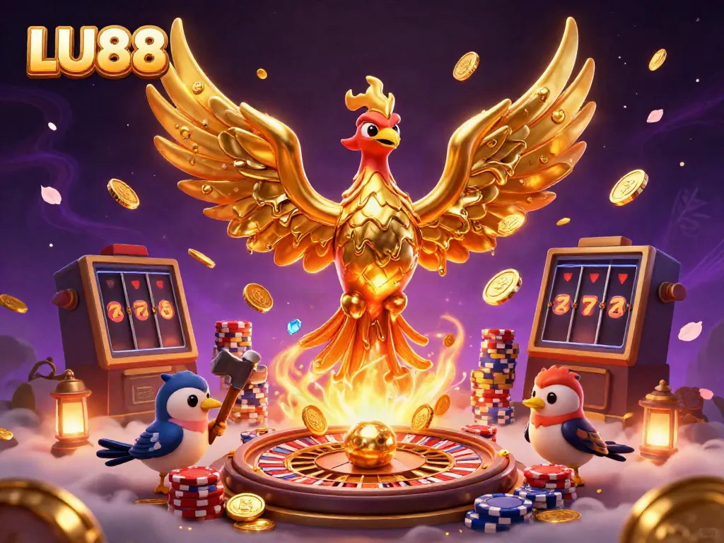 Experience the excitement of LU88 with a dynamic golden phoenix rising over cascading coins and glowing treasures.