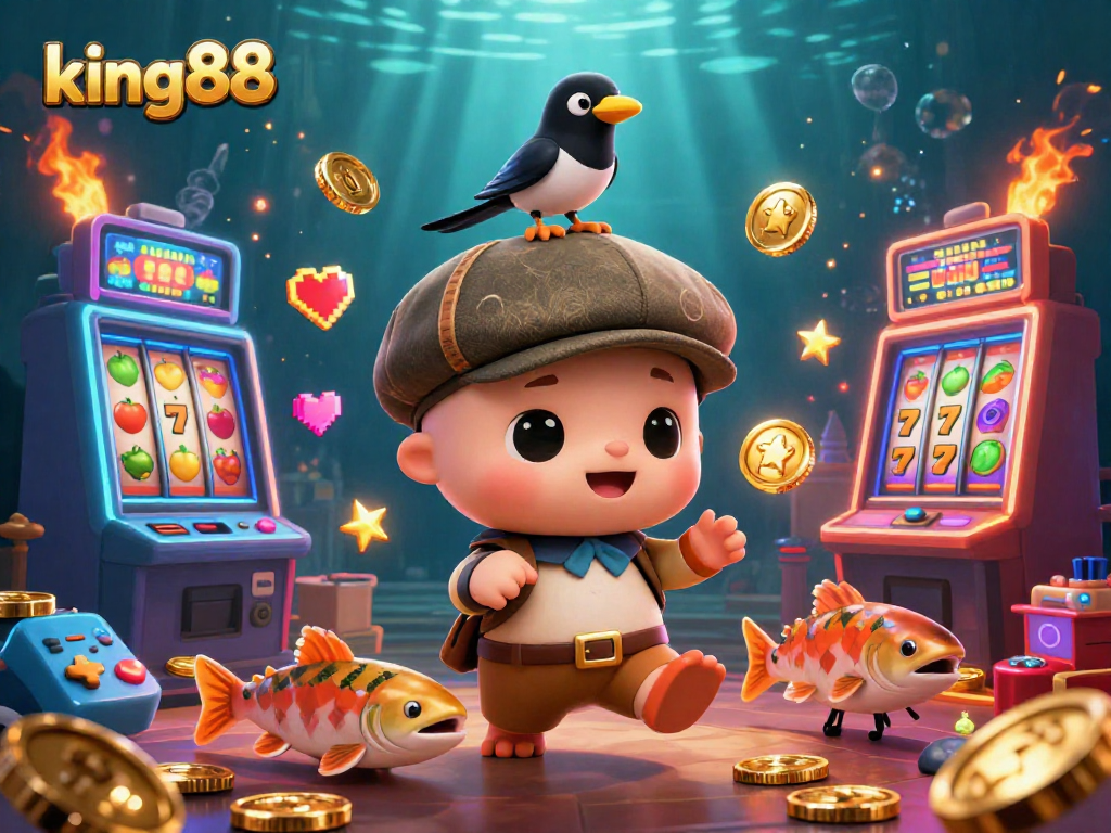 king88 attracts players with a lively scene of cartoon characters amidst vibrant casino slots and rich colors.