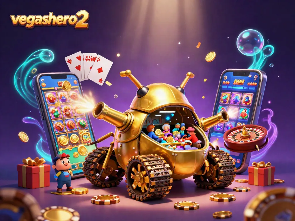 Experience vegashero 2 with a vibrant 3D cartoon casino scene filled with flying coins and gameplay elements.
