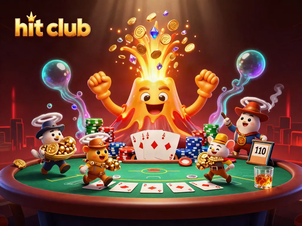 Engage with hit club by experiencing a vibrant 3D illustration of gambling excitement and treasure.