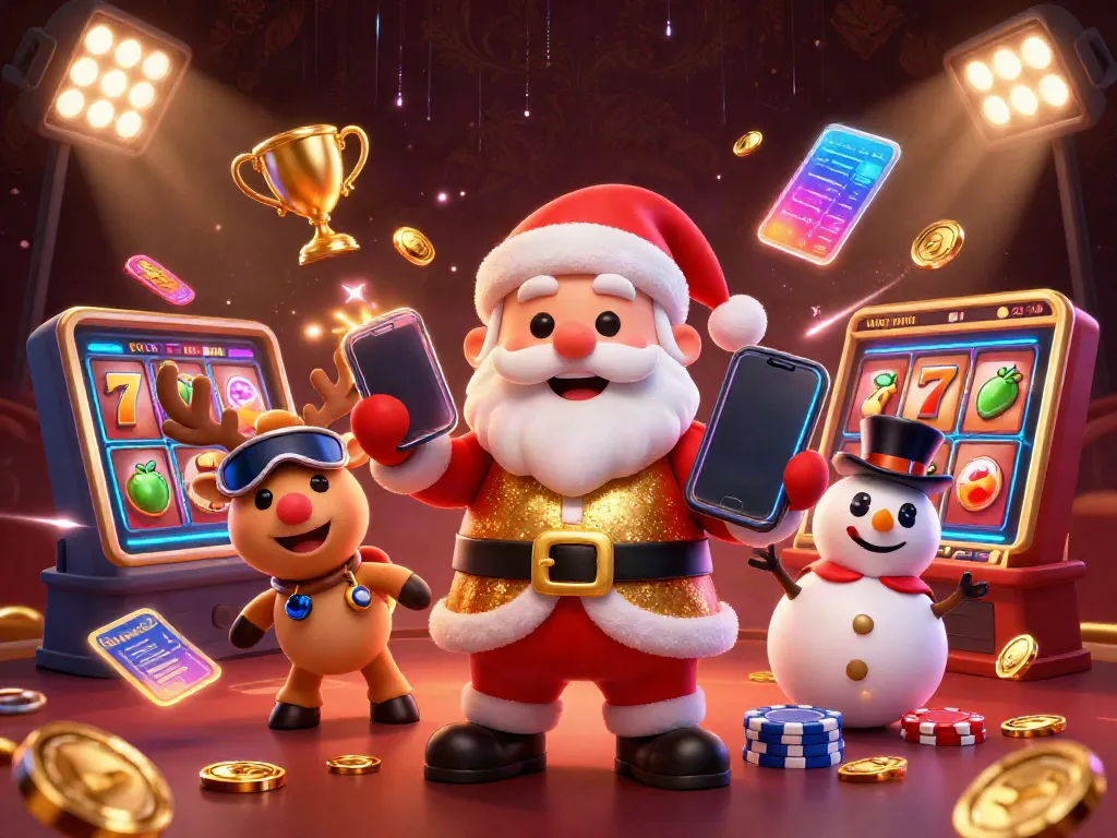 llwinedu showcases a vibrant 3D Santa and friends in an exciting online casino setting with dynamic jackpot slots.