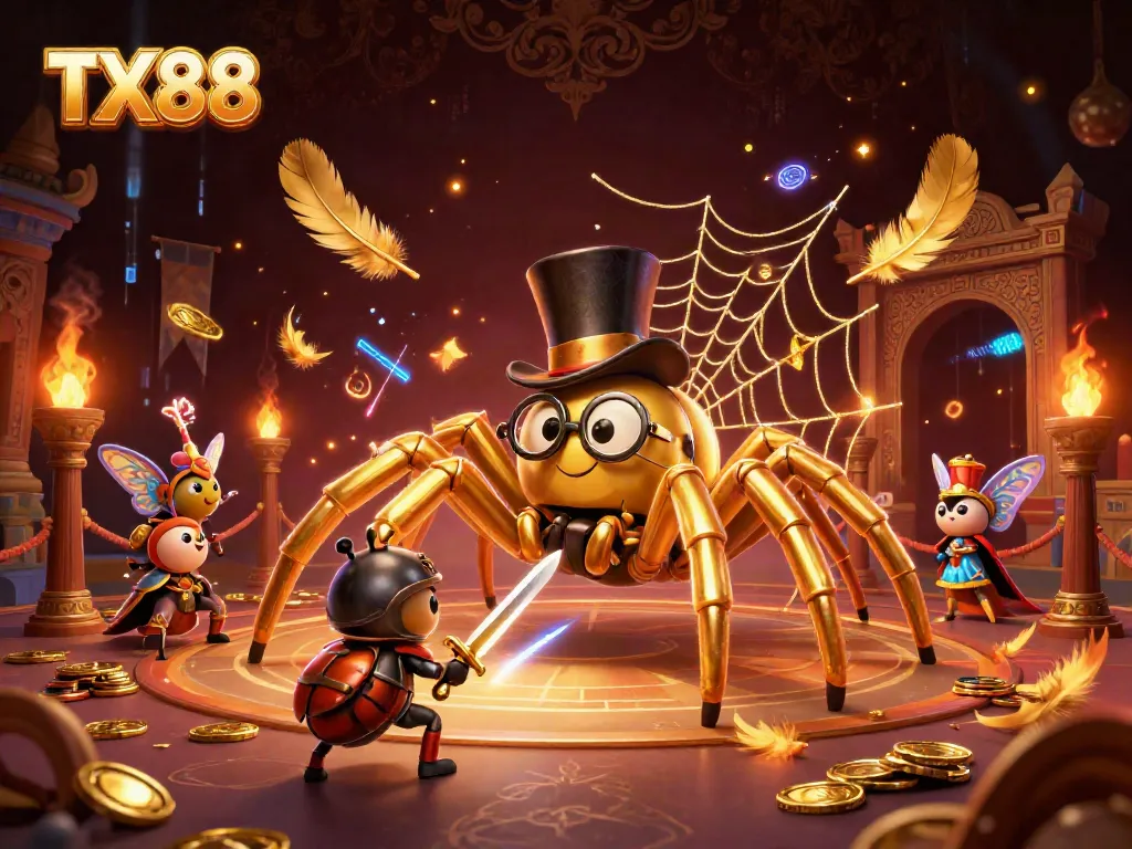 Experience the thrill of TX88 with an enchanting 3D illustration of a golden tarantula navigating a luxurious casino.