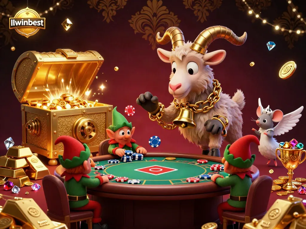 Experience excitement at llwinbest casino with Krampus, angel mouse, and elf gremlins in a vibrant scene.
