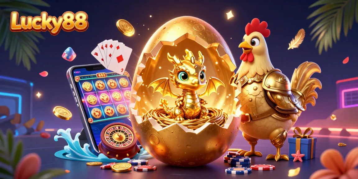 Play Lucky88 with a dazzling golden dragon amidst vibrant casino elements, ensuring an engaging experience.