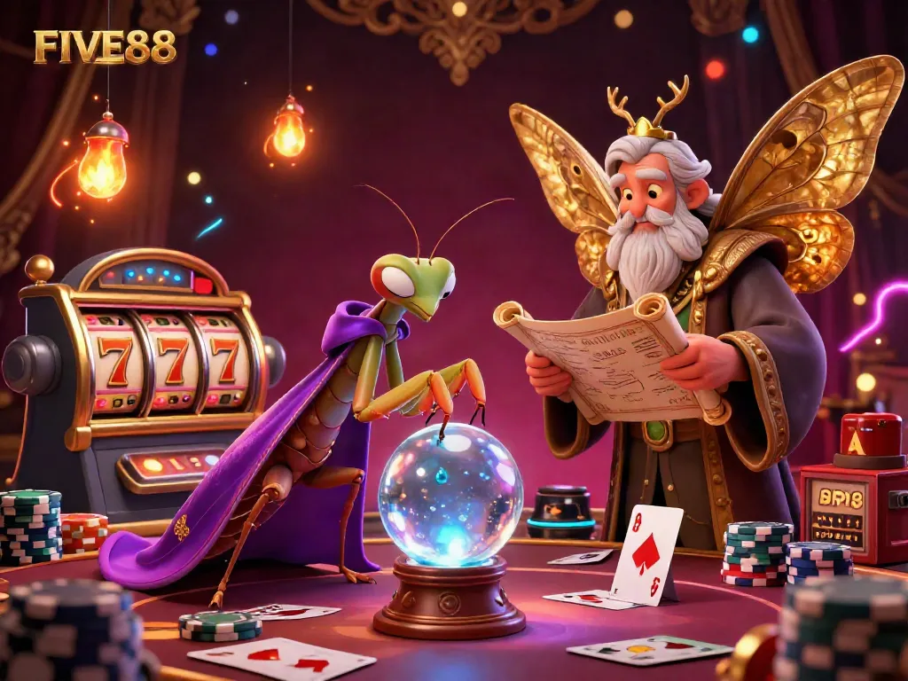 Experience the magic of FIVE88 as a praying mantis fortune teller reveals jackpots amidst vibrant casino elements.