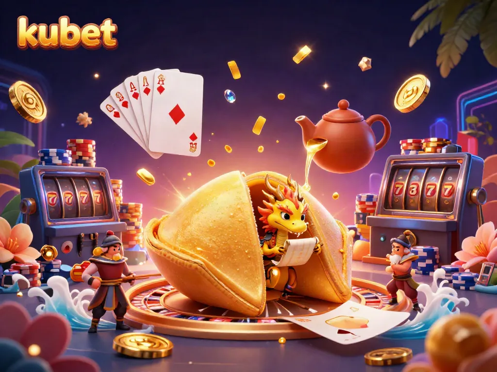 Kubet platform showcases a fantasy 3D scene with a fortune cookie, dragon, and vibrant casino elements.