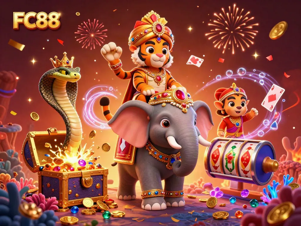 Experience dynamic casino action with FC88, featuring a colorful 3D maharaja tiger amidst gems and spinning slot reels.