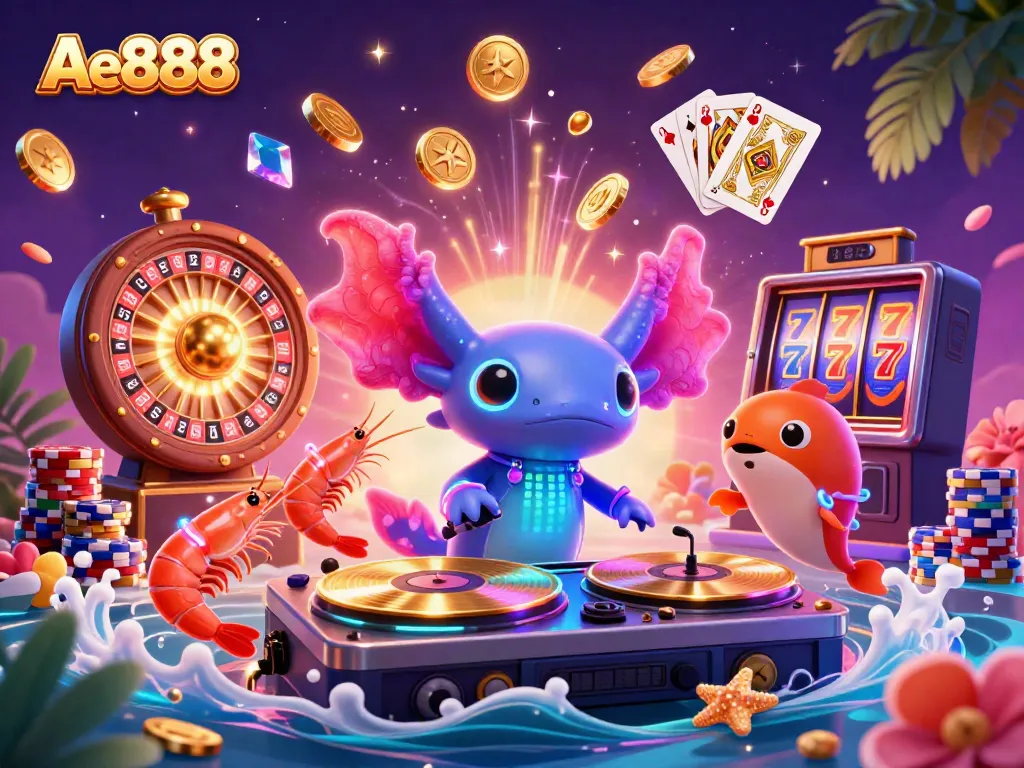 Ae888 spins the reels in this vibrant 3D illustration showcasing casino excitement with axolotl DJ and friends.
