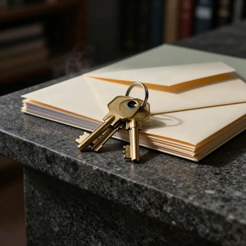 Gouden sleutels op lease-mappen en verzegelde enveloppen in een donkere stenen setting.