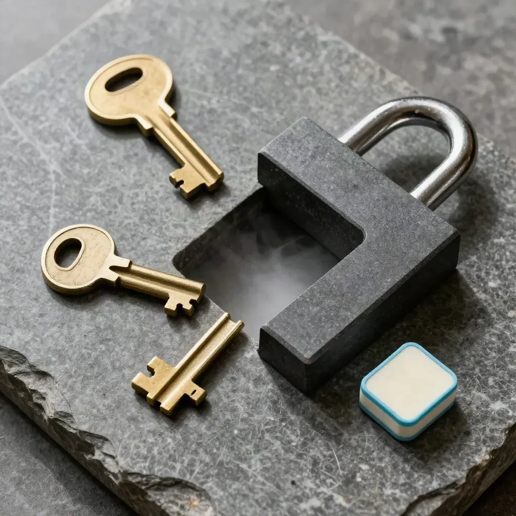 Bovenaanzicht van een slotkern, brass key blank en leegstand-marker op koele steen.