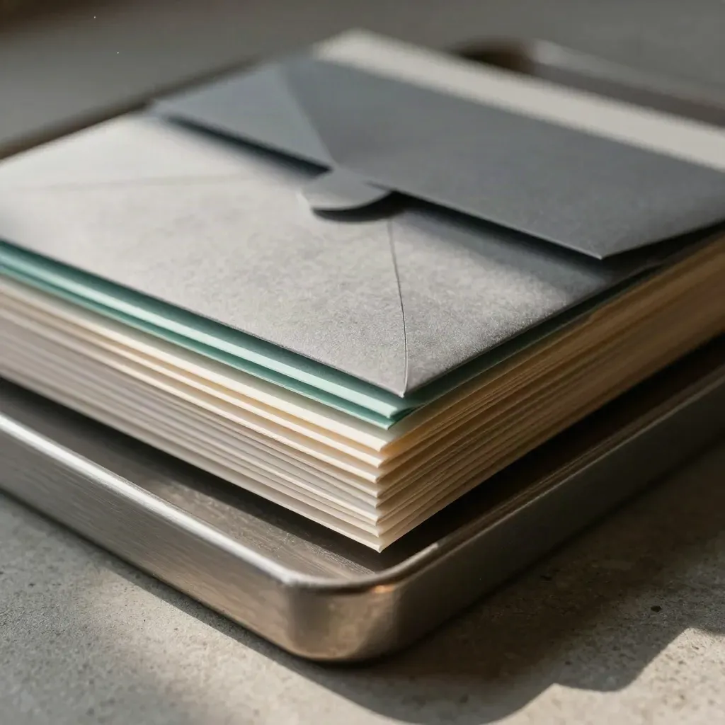 Sealed enveloppen, rapportmap en metalen posttray voor eigenarenupdates op beton.