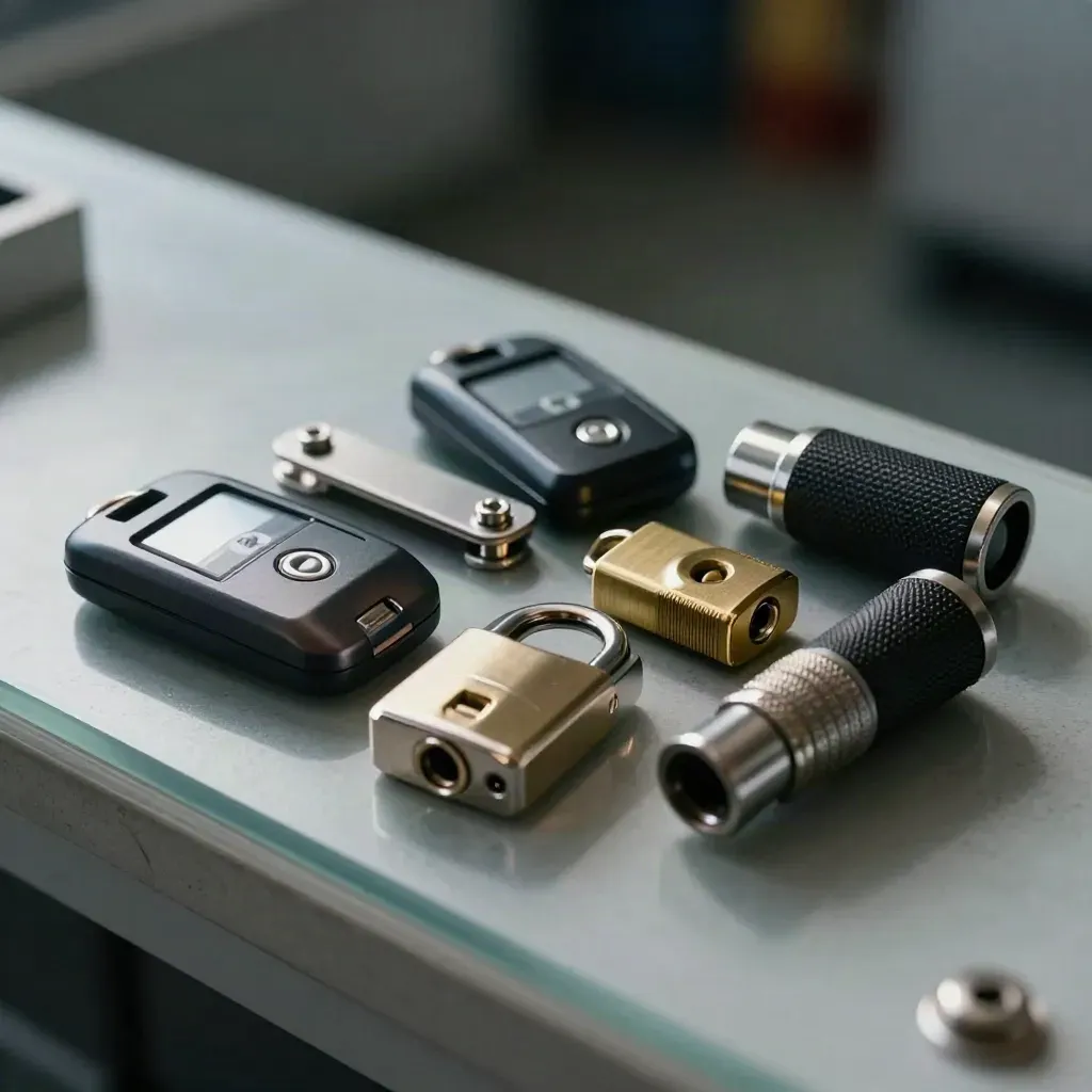 Macro van toegangs-fobs, intercombebeugel, slotkernen en inspectietorch in koele mist.