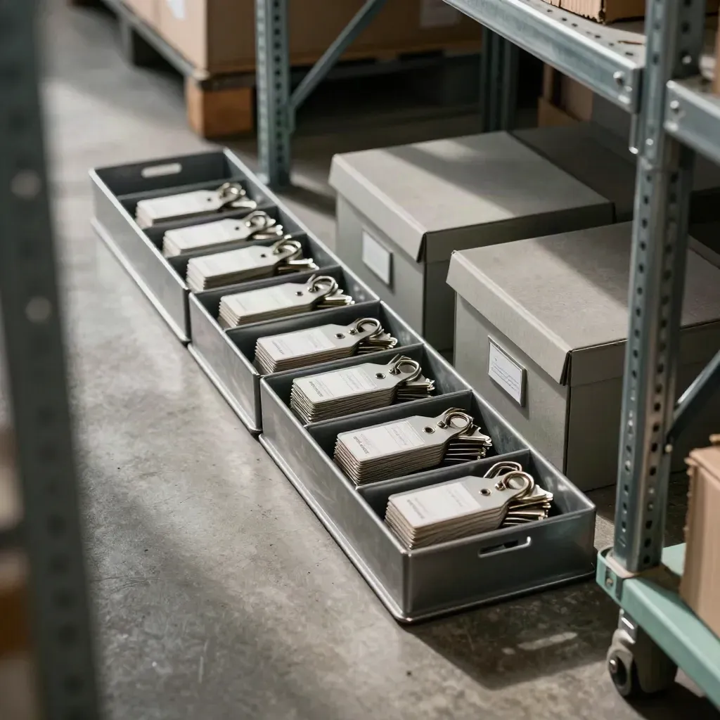 Sleuteltrays, asset-tags en archiefdozen in een magazijn, gefotografeerd door een stalen rek.