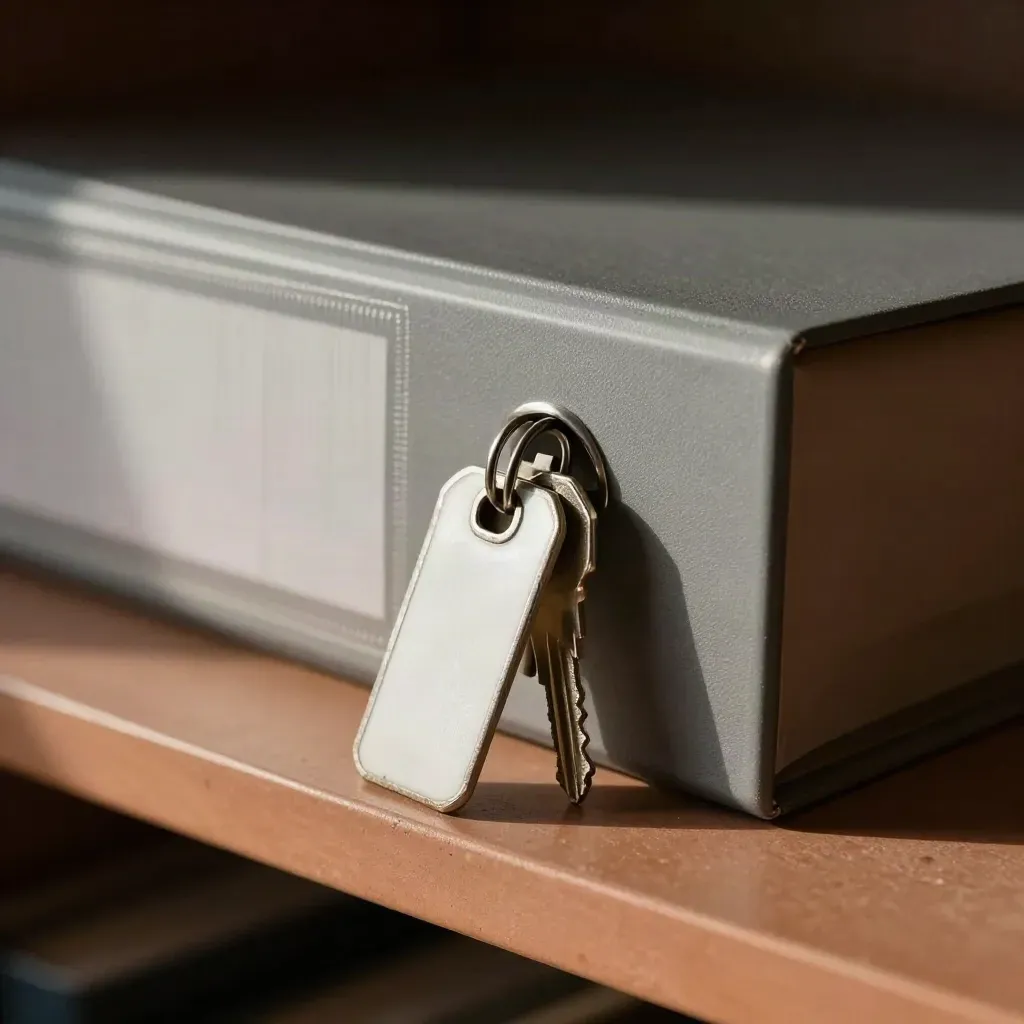 Archiefbinder met metalen klem en twee sleutelhangtags op terracotta plank in zachte schaduw.