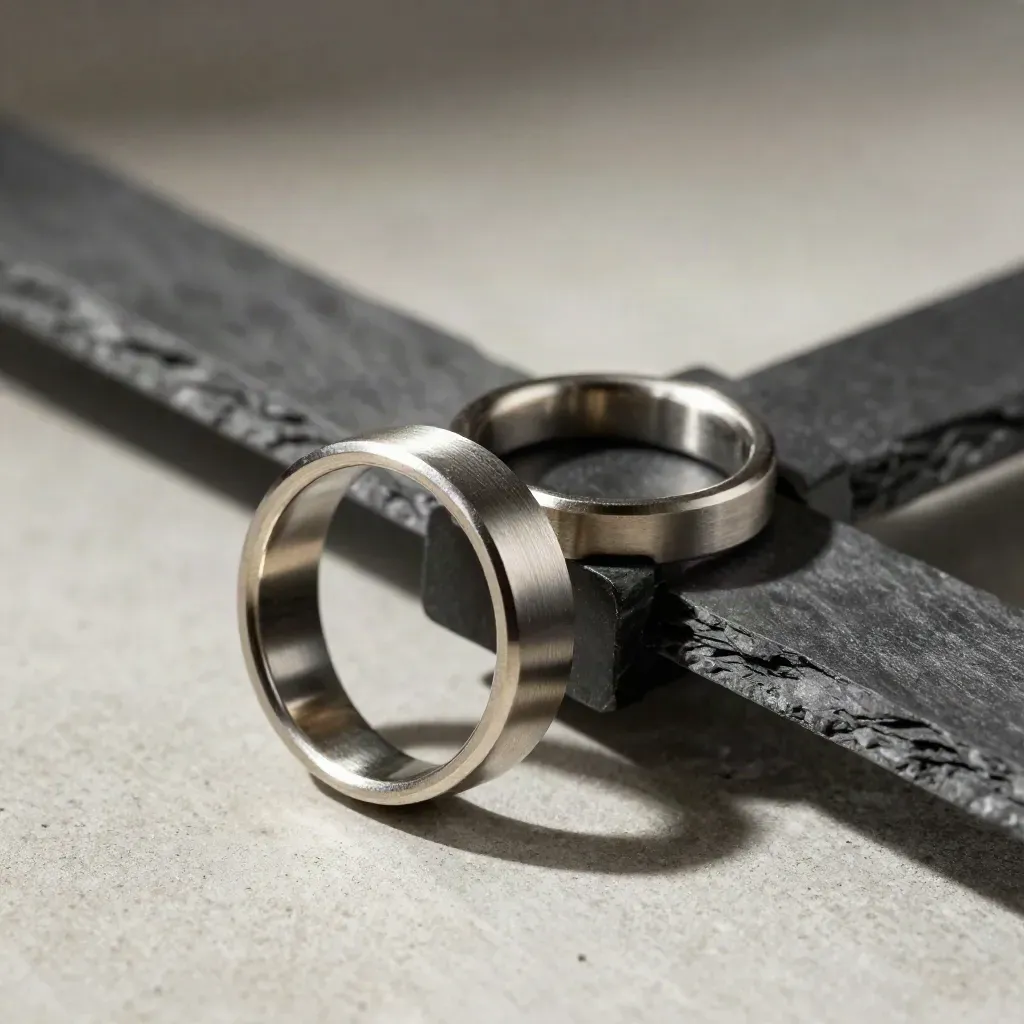 Twee metalen ringen verbinden grafietblokken in een dramatische still life.