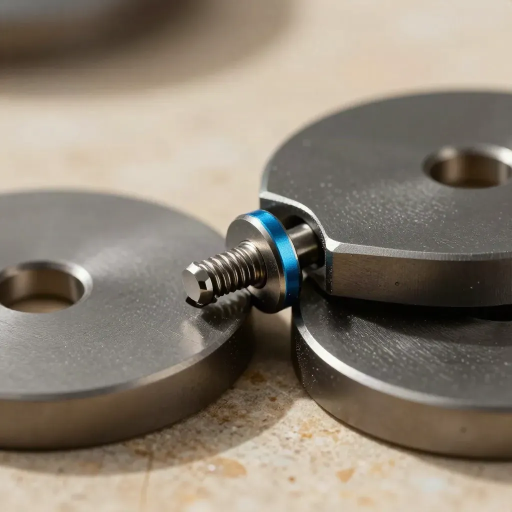 Machinale platen met verbindingspen in koel metaal en zacht azure accent, macro en technisch.