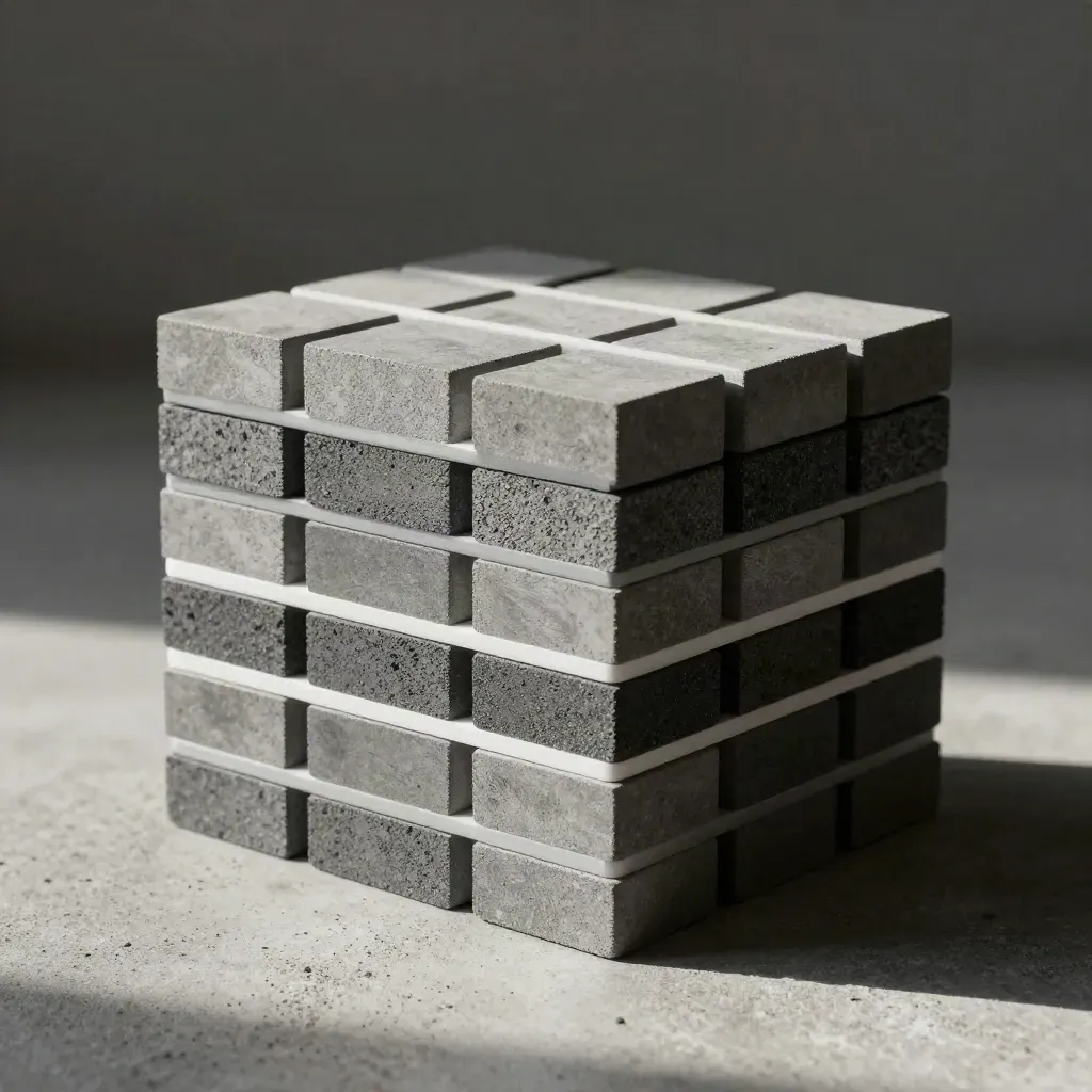 Gestapelde modulaire blokken met een losse connectorbalk op beton, van boven gefotografeerd.
