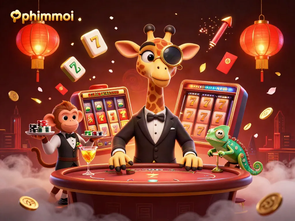 Experience phimmoi's thrilling casino gaming atmosphere with high-roller giraffe, monkey valet, and chameleon bartender.