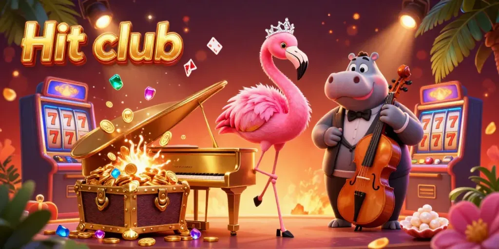 Experience exhilarating gameplay at Hit club with a flamingo singer and hippo bassist in a vibrant casino scene.