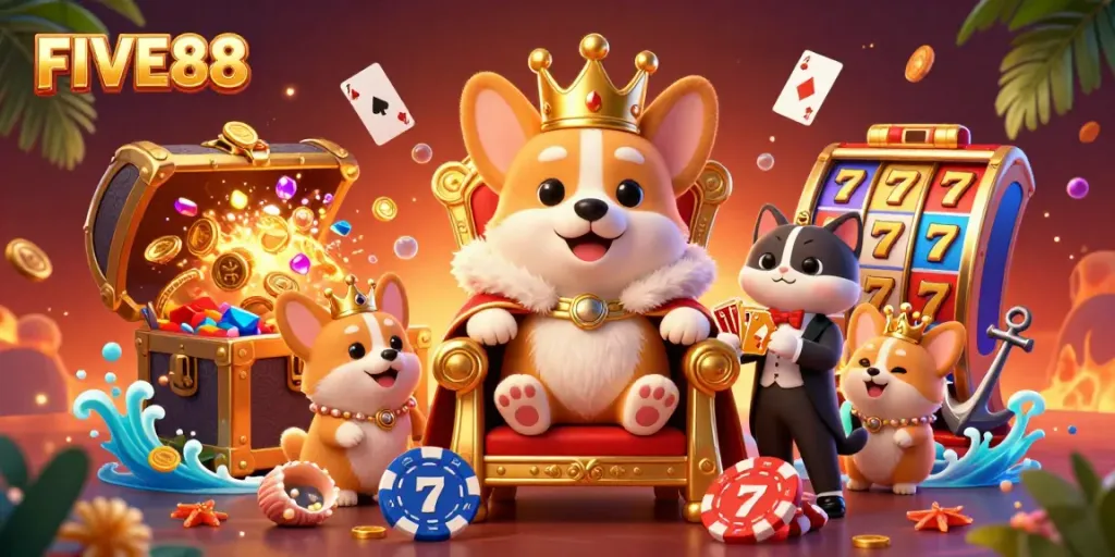 Experience the excitement of winning at FIVE88 with a royal corgi surrounded by casino treasures