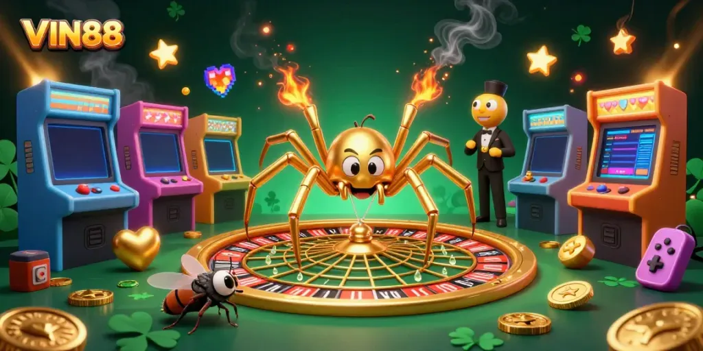 Place your bets at VIN88's roulette with a golden spider and dynamic gaming elements.