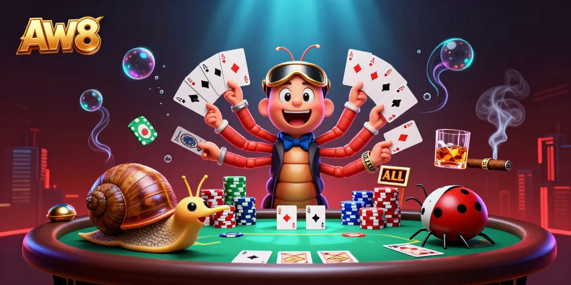 Experience the excitement of AW8 with a vibrant poker scene featuring a cartoon millipede dealer and colorful chip stacks.