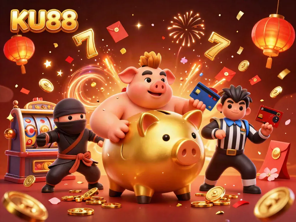 Experience the thrill of KU88 with a dynamic scene featuring a golden piggy bank sumo wrestler and casino elements.