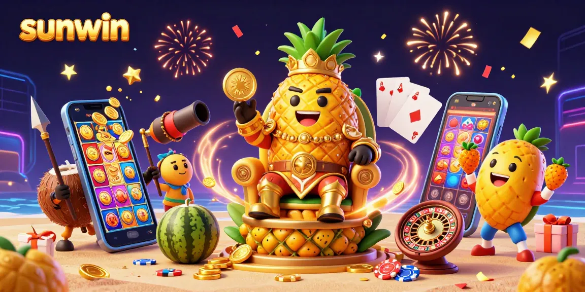 Experience the excitement with sunwin as you join the golden pineapple king and friends at a vibrant casino beach scene.