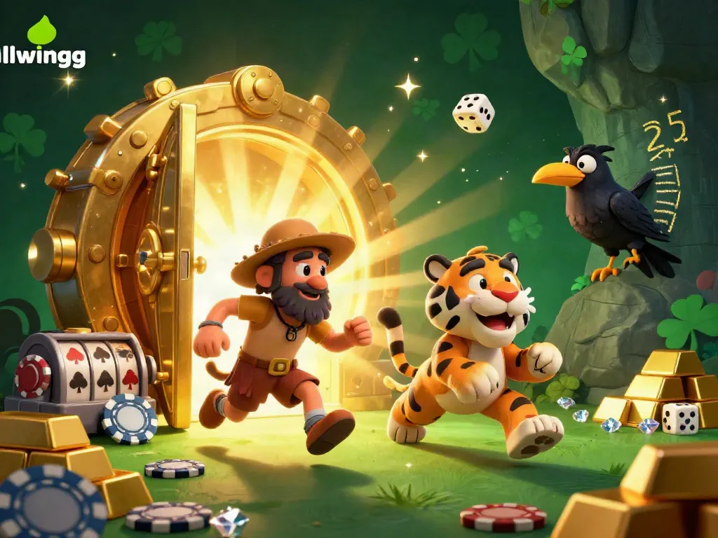 Experience the thrilling gambling world of llwingg with caveman characters, slot reels, and dazzling treasures.
