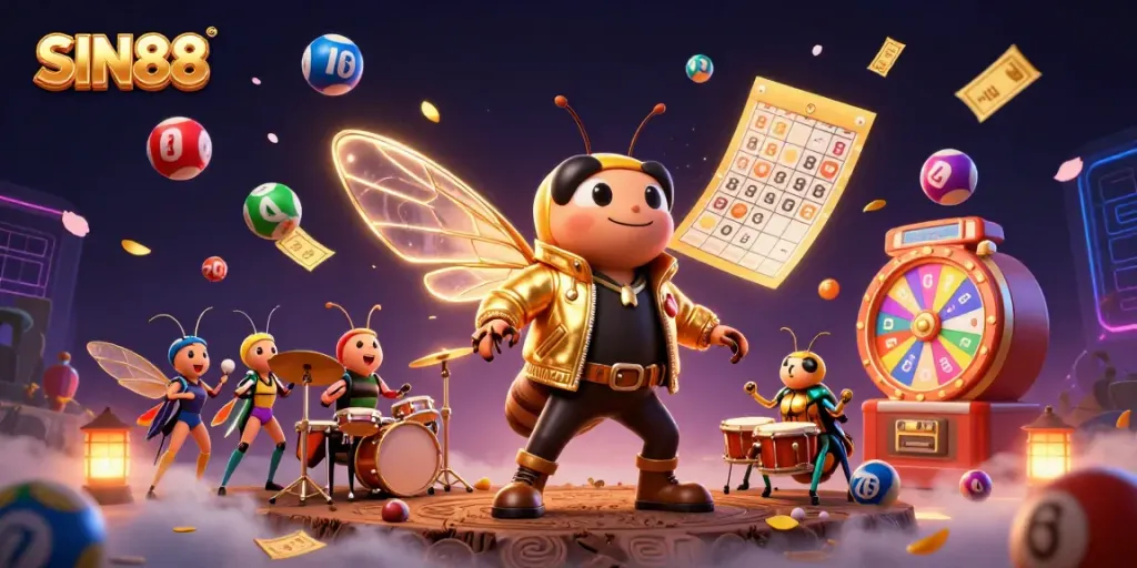 SIN88 shows a lively casino scene with vibrant characters, bingo elements, and colorful lottery balls.