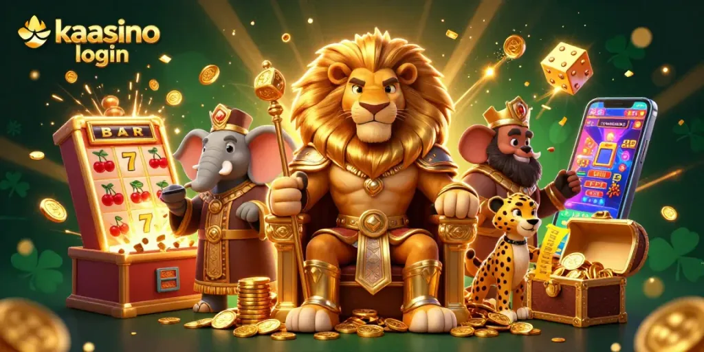 Experience seamless kaasino login with a vibrant 3D casino scene featuring a lion king and gaming symbols.