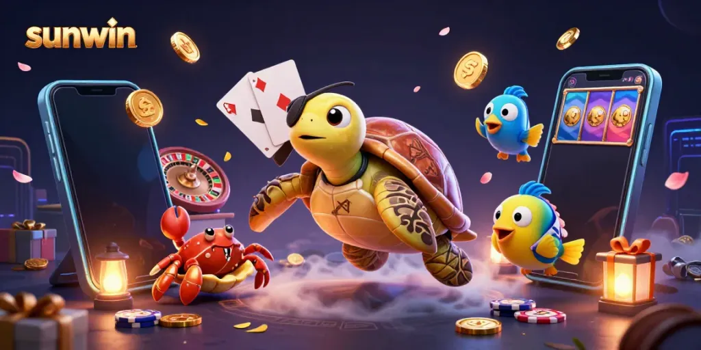 Experience thrilling gameplay with sunwin, featuring a pirate turtle and treasures in a vibrant casino scene.
