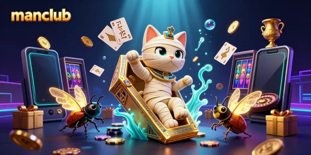 Experience thrilling games at Manclub with a 3D cartoon Egyptian mummy cat and casino elements.