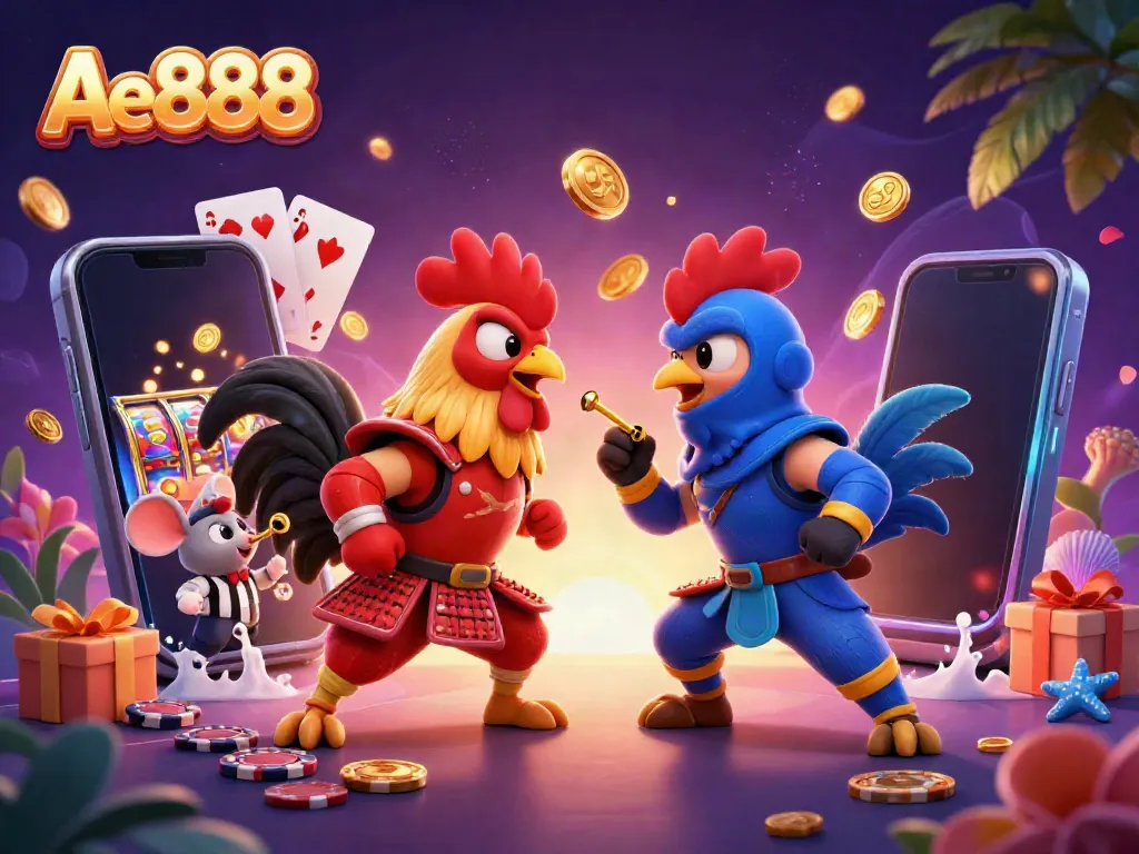 Experience thrilling gameplay with Ae888's animated rooster duel, showcasing exciting casino elements.