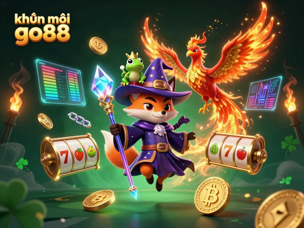 Engage with khuyến mãi go88 in this magical 3D scene featuring a mystical wizard fox, phoenix, and enchanted frog among casino elements.